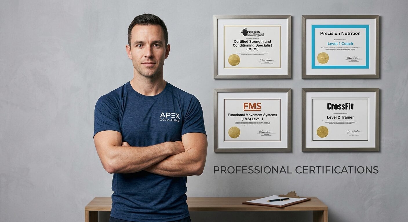 Mark Nguyen standing beside his framed professional certifications at Apex Coaching