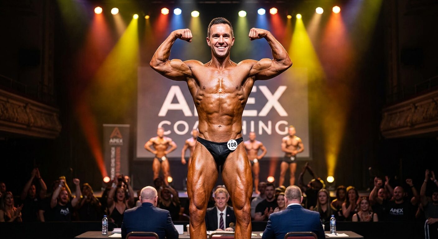 Mark Nguyen on stage at a natural bodybuilding competition