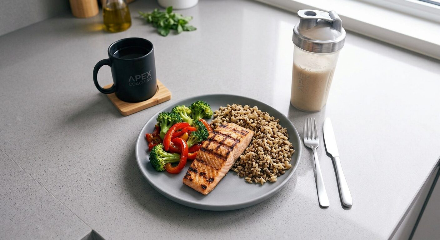 Grilled salmon plate with rice and vegetables