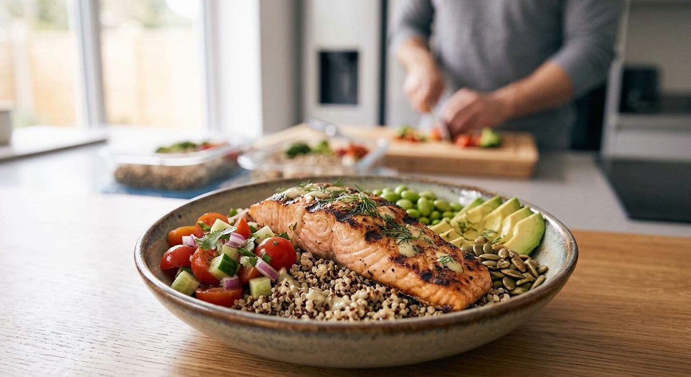 Grilled salmon and quinoa bowl prepared as part of an Apex Coaching nutrition plan